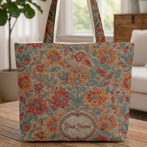 Indian Chintz Floral Bouquet - Everyday Use Boho Lifestyle Quilted Tote Bag