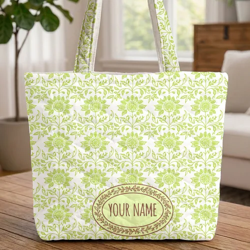 Botanical Floral Wreath Medallion Personalized Name - Home Decor Gift Quilted Tote Bag