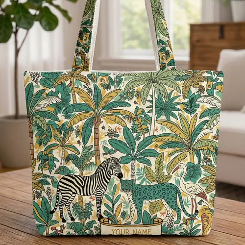 Zebra Leopard Wading Bird Tropical Jungle - Nature Lover Gift Quilted Tote Bag