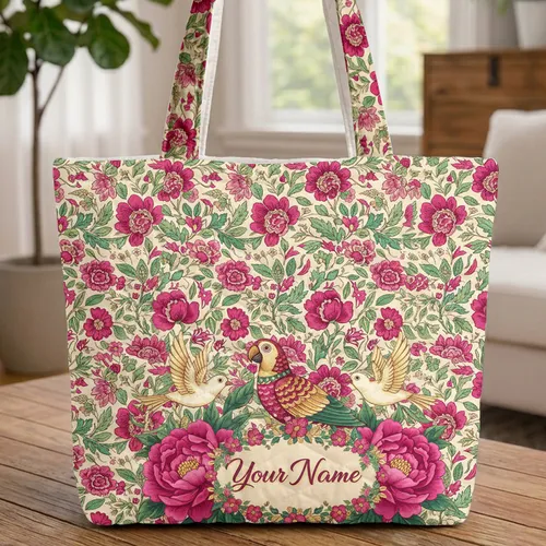 Personalized Parrot Peonies Floral Wreath Gift for Nature Lover Quilted Tote Bag