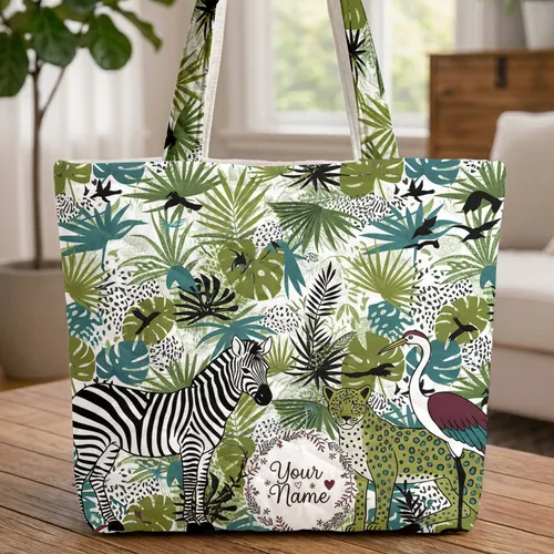 Zebra Leopard Crane Tropical Jungle Foliage Personalized Name Wildlife Lover Gift Quilted Tote Bag