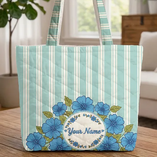 Personalized Folk Art Floral Wreath Vertical Stripes - Everyday Lifestyle Gift Quilted Tote Bag