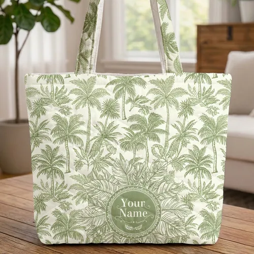 Tropical Palm Fronds Name Wreath Jungle Foliage - Everyday Tote Travel Gift Quilted Tote Bag