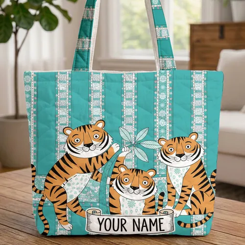 Climbing Tigers Personalized Scroll - Wildlife Lover Gift Quilted Tote Bag