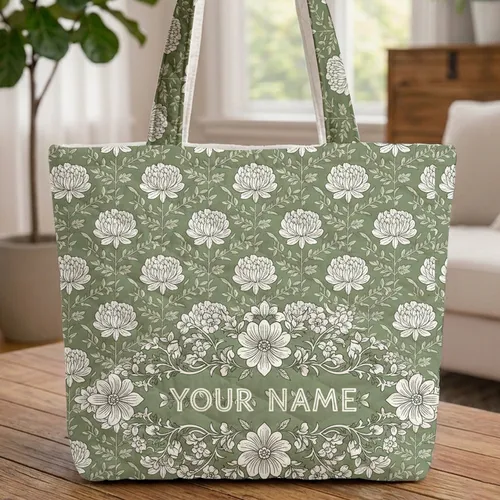 Indian Chrysanthemum Floral Delicate Foliage Personal Name - Everyday Tote Quilted Tote Bag