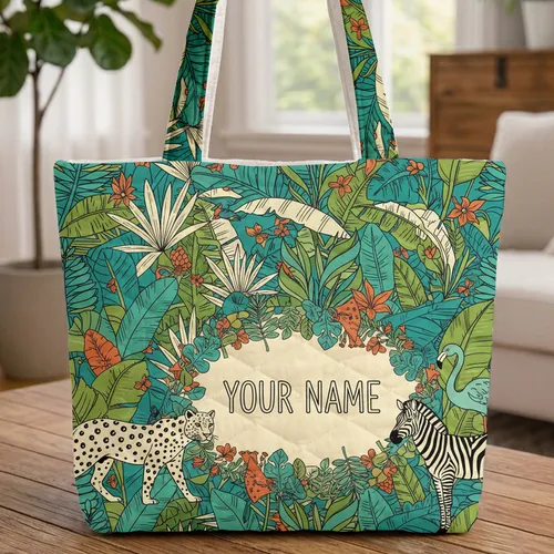 Leopard Flamingo Zebra Tropical Foliage Personalized - Wildlife Lover Gift Quilted Tote Bag