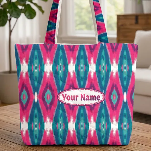 Your Name Ikat Oval Diamond Stripes - Everyday Carry Gift Quilted Tote Bag