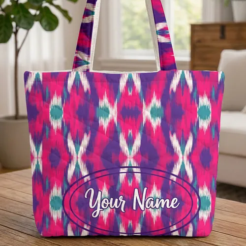 Fuchsia Hot Pink Deep Purple Teal Ikat Oval Cartouche Brush Script Fashion Everyday Tote Quilted Tote Bag