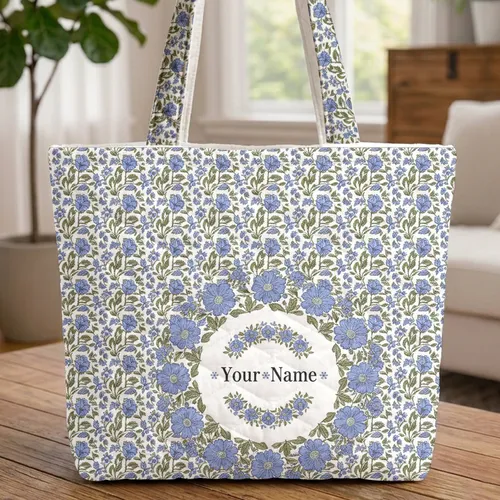 Periwinkle Floral Wreath Personalized Name - Everyday Carryall Gift for Her Quilted Tote Bag