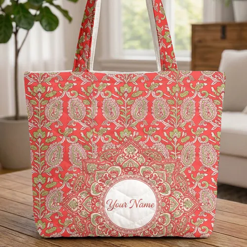 Your Name Floral Medallion Paisley Botanical - Lifestyle Accessory Present Quilted Tote Bag