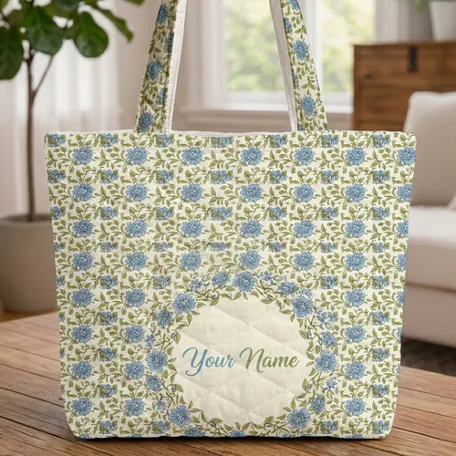 Indian Blue Floral Wreath Personalized Name - Botanical Lover Everyday Gift Quilted Tote Bag