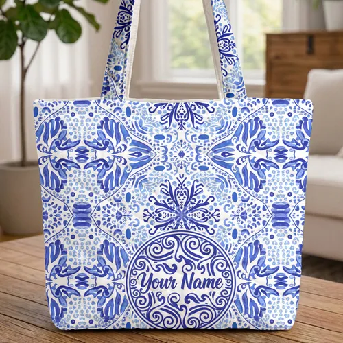 Personalized Name Organic Swirls Polka Dots Feather Shapes - Everyday Tote Vacation Gift Quilted Tote Bag