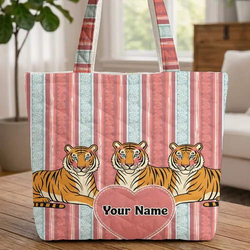 Three Tigers Name Heart - Wildlife Lover Gift Quilted Tote Bag
