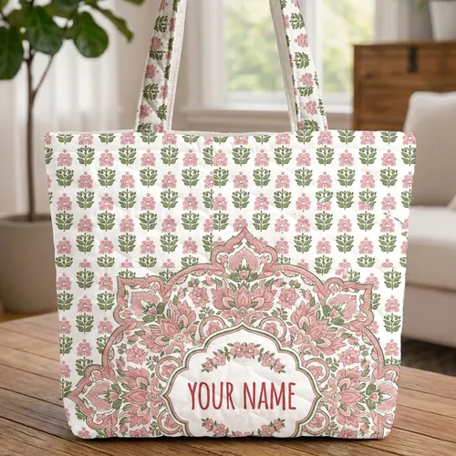 Blush Rose Floral Medallion Wreath Personalized Your Name - Everyday Carry Gift Quilted Tote Bag