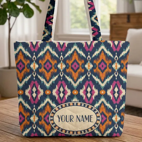 Ikat Oval Medallion Geometric Shapes - Boho Lifestyle Gift for Daily Use and Travel Quilted Tote Bag