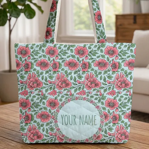 Personalized Floral Wreath Green Leaves - Daily Use Name Gift for Her Quilted Tote Bag