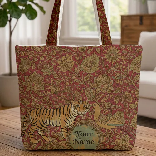 Tiger Bird Blooming Flowers Swirling Vines - Boho Lifestyle Wildlife Lover Gift Quilted Tote Bag