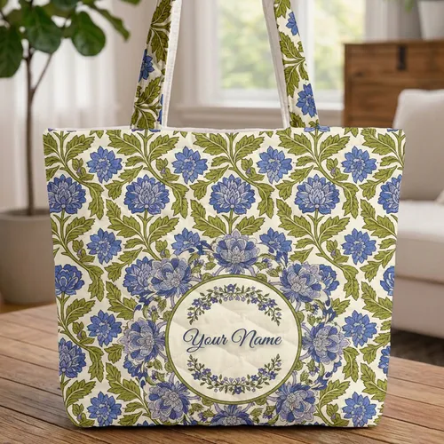 Botanical Floral Medallion Wreath Flowers Foliage - Everyday Carryall Boho Quilted Tote Bag