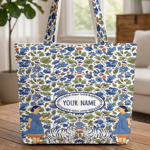 Three Tigers Blue Flowers Green Leaves Orange Accents Botanical - Wildlife Lover Everyday Tote Quilted Tote Bag