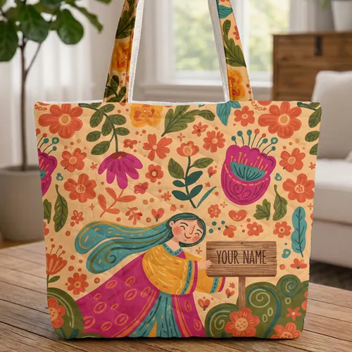 Folk Figure Garden Elements Flowers Leaves Wooden Sign - Personalized Gift Quilted Tote Bag