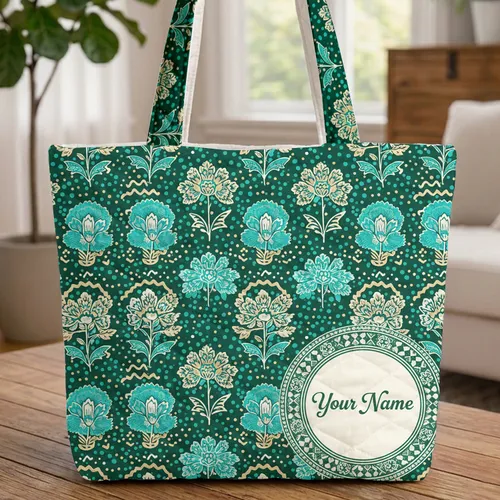 Floral Clusters Zig Zag Polka Dots Wavy Stripes Distressed Text Circle - Everyday Tote Quilted Tote Bag
