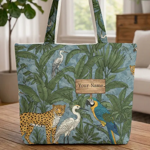 Leopard Heron Parrot Jungle Animals Personalized Wooden Sign - Wildlife Lover Gift Quilted Tote Bag
