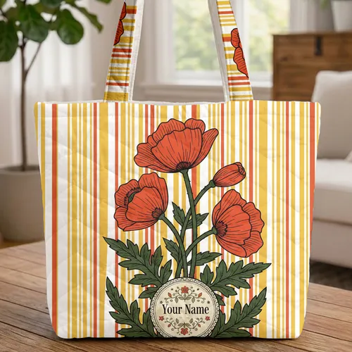 Poppy Flowers Medallion Vertical Stripes - Botanical Lover Everyday Use Gift Quilted Tote Bag