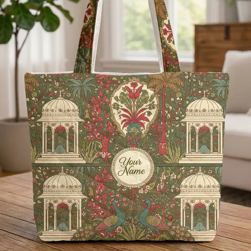 Mughal Garden Peacocks Tropical Foliage - Home Decor Gift for Peacock Lover Quilted Tote Bag