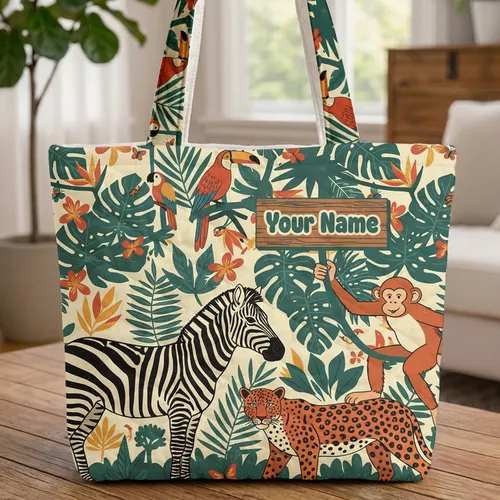 Zebra Leopard Monkey Jungle Wildlife Personalized Name Sign - Wildlife Lover Gift Quilted Tote Bag