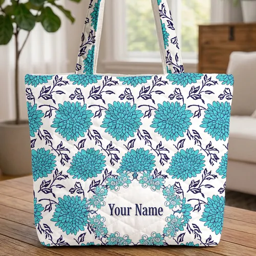 Aqua Blue Navy Chrysanthemum Flower Wreath - Daily Carryall Gift for Women Quilted Tote Bag