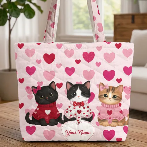 Three Kittens Heart Sweaters Scattered Hearts Your Name - Cat Lover Gift Quilted Tote Bag