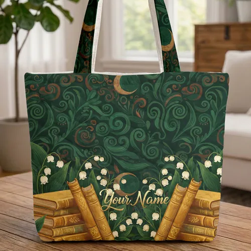 Moonlit Sky Vintage Books Lily of the Valley Personalized Name - Storybook Lover Gift Quilted Tote Bag