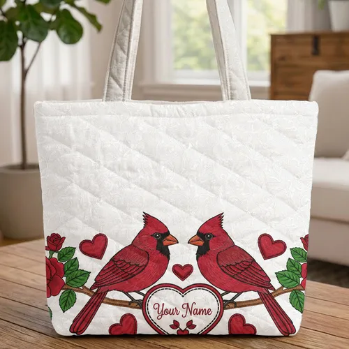 Cardinal Birds Name Heart Cartouche Roses - Wildlife Lover Gift for Her Quilted Tote Bag