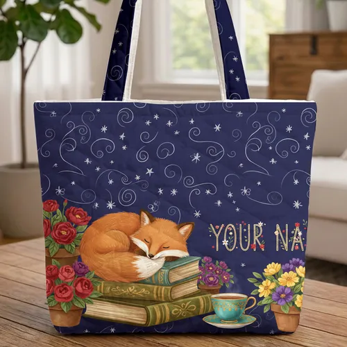 Sleeping Fox Vintage Books Flowers Personalized Name - Book Lover Gift Quilted Tote Bag