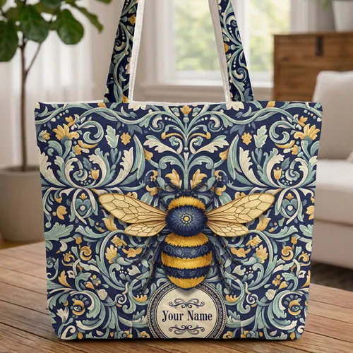 Ornate Bumblebee Botanical Tapestry Personalized Name Heirloom Gift Quilted Tote Bag