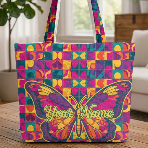 Ornate Patchwork Butterfly Quilt Blocks - Everyday Tote for Butterfly Lover Quilted Tote Bag