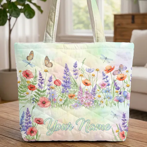 Wildflower Meadow Butterflies Dragonflies Name Display - Everyday Lifestyle Carryall Quilted Tote Bag
