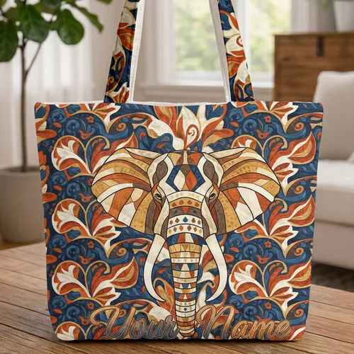 Patchwork Elephant Head Organic Leaves - Personalized Wildlife Gift Quilted Tote Bag