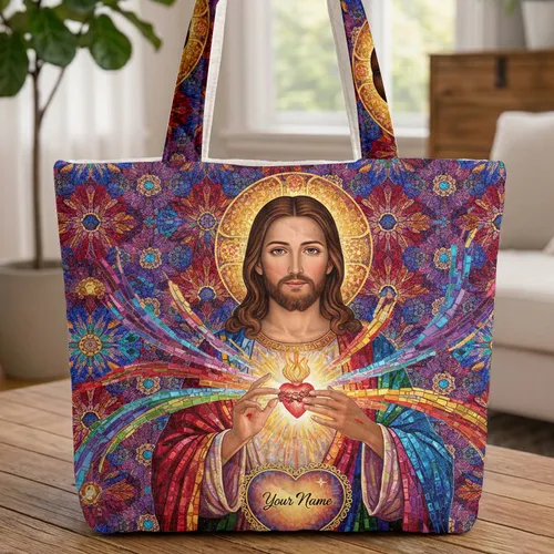 Jesus Christ Sacred Heart Ornate Damask Personal Name - Christian Devotion Gift Quilted Tote Bag