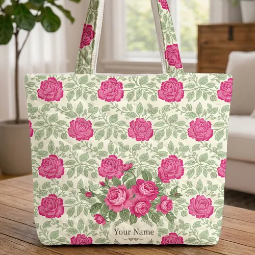 Pink Rose Sage Green Floral Vines Wreath - Everyday Tote Garden Lover Gift Quilted Tote Bag