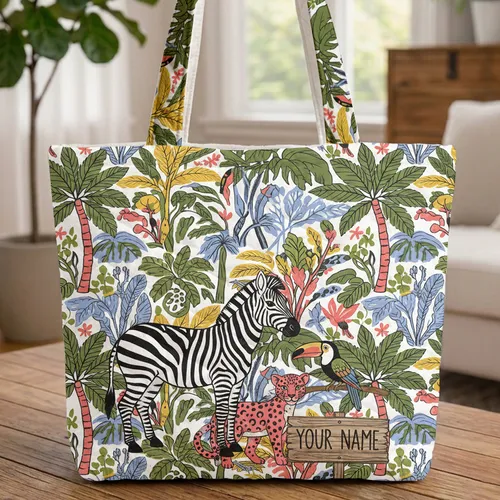 Zebra Leopard Jungle Animals Wooden Sign Tropical Wildlife Gift Quilted Tote Bag