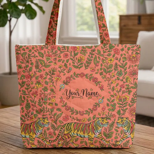 Three Tigers Botanical Flowers - Boho Lifestyle Wildlife Lover Gift Quilted Tote Bag