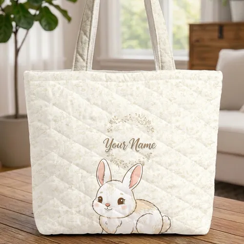 Personalized Name Bunny Floral Wreath - Everyday Carry Nature Gift Quilted Tote Bag