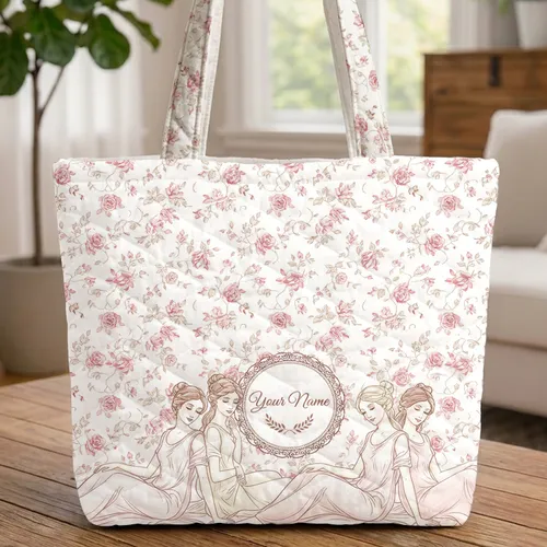 Three Elegant Women Rose Floral Ornate Flourish Circle Lifestyle Gift for Her Quilted Tote Bag