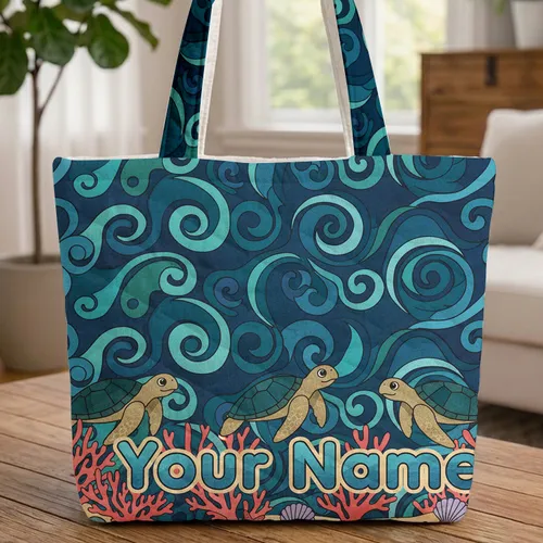 Three Sea Turtles Coral Starfish Ocean Waves - Underwater Ocean Lover Beach Trip Gift Quilted Tote Bag