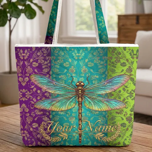 Ornate Dragonfly Botanical Flowers - Nature Lover Everyday Carryall Gift Quilted Tote Bag