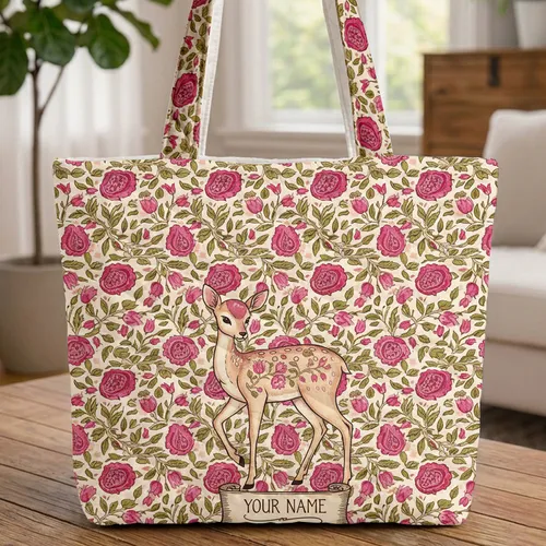 Spotted Fawn Plump Flowers Olive Leaves Folk Art Home Decor Gift for All Nature Lovers Quilted Tote Bag