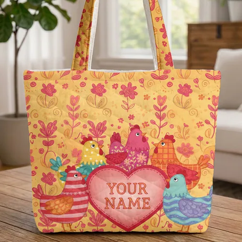 Cartoon Chickens Red Heart Folk Art - Chicken Lover Farmhouse Decor Gift Quilted Tote Bag