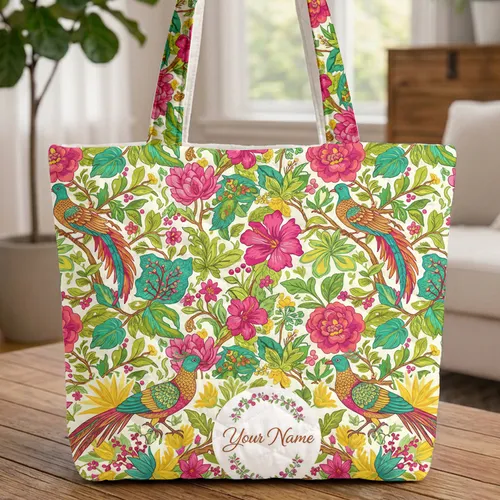 Personalized Name Ornate Exotic Birds Lush Jungle Garden - Wildlife Lover Gift Quilted Tote Bag