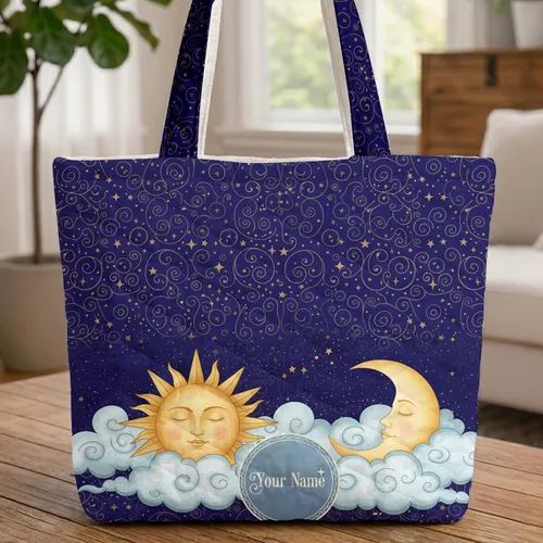 Personalized Golden Sun Sleeping Moon Folk Art Everyday Carry Travel Essentials Quilted Tote Bag